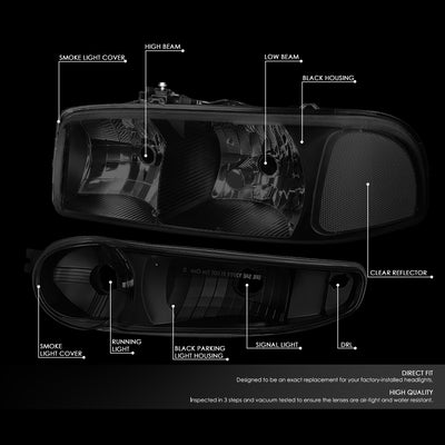 D-Motoring - Headlights - Black Housing - Smoked Lens - Clear Corner - Plug-n-Play - Pair - GMC SIERRA C3 / 1500 DENALI / CLASSIC / GMC YUKON DENALI / XL 1500 DENALI - 2