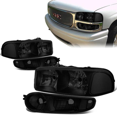 01-07 GMC Sierra C3 1500 Yukon Denali Headlights - Black Housing - Smoked Lens - Clear Corner - Plug-n-Play - Pair