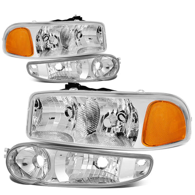 D-Motoring - Headlights - Chrome Housing - Clear Lens - Amber Corner - Plug-n-Play - Pair - GMC SIERRA C3 / 1500 DENALI / CLASSIC / GMC YUKON DENALI / XL 1500 DENALI - 1