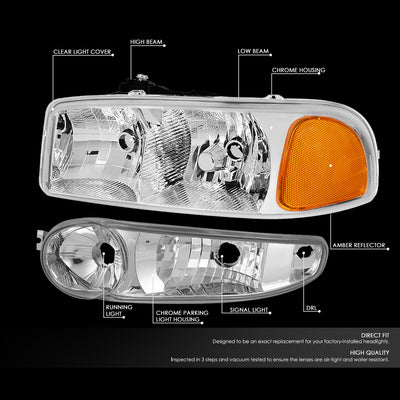 D-Motoring - Headlights - Chrome Housing - Clear Lens - Amber Corner - Plug-n-Play - Pair - GMC SIERRA C3 / 1500 DENALI / CLASSIC / GMC YUKON DENALI / XL 1500 DENALI - 2