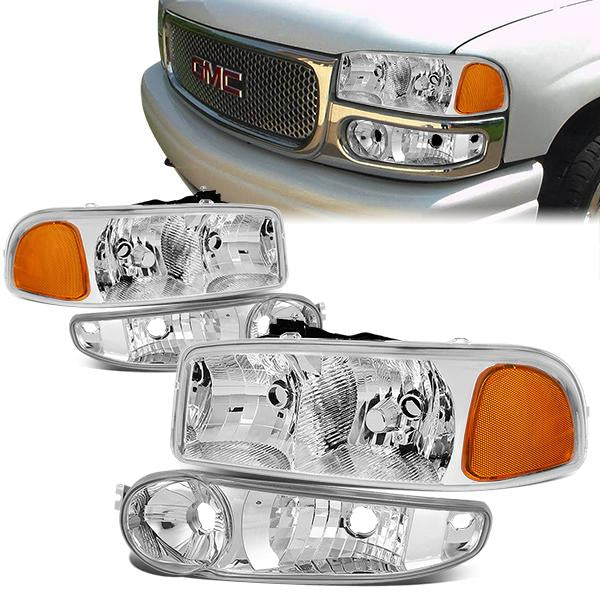 01-07 GMC Sierra C3 1500 Yukon Denali Headlights - Chrome Housing - Clear Lens - Amber Corner - Plug-n-Play - Pair