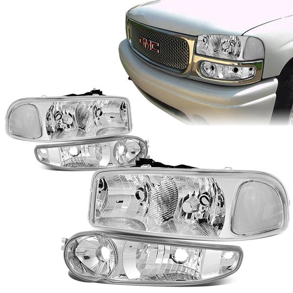 01-07 GMC Sierra C3 1500 Yukon Denali Headlights - Chrome Housing - Clear Lens - Clear Corner - Plug-n-Play - Pair