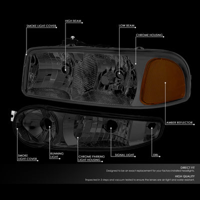 D-Motoring - Headlights - Smoked Lens - Amber Corner - Plug-n-Play - Pair - GMC SIERRA C3 / 1500 DENALI / CLASSIC / GMC YUKON DENALI / XL 1500 DENALI - 2