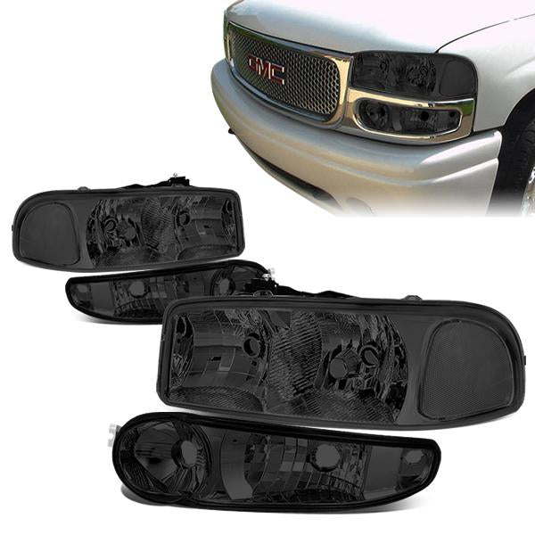 01-07 GMC Sierra C3 1500 Yukon Denali Headlights - Smoked Housing - Smoked Lens - Clear Corner - Plug-n-Play - Pair