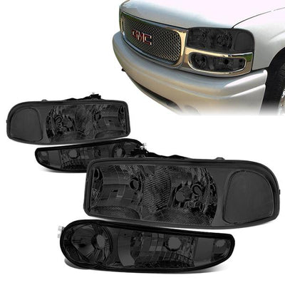 01-07 GMC Sierra C3 1500 Yukon Denali Headlights - Smoked Housing - Smoked Lens - Clear Corner - Plug-n-Play - Pair
