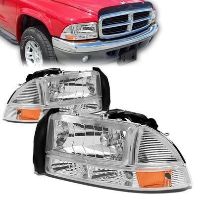 97-04 Dodge Dakota Durango Headlights - Chrome Housing - Amber Corner - Plug-n-Play - Pair