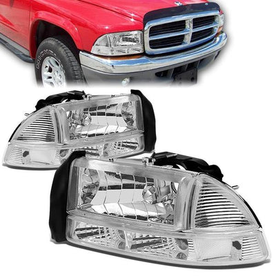 97-04 Dodge Dakota Durango Headlights - Chrome Housing - Plug-n-Play - Pair