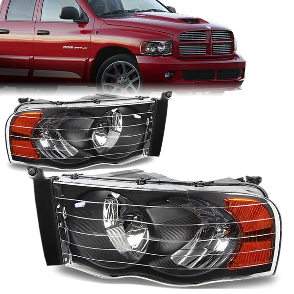 02-05 Dodge Ram 1500 2500 3500 Headlights - Black Housing - Amber Corner - Plug-n-Play - Pair