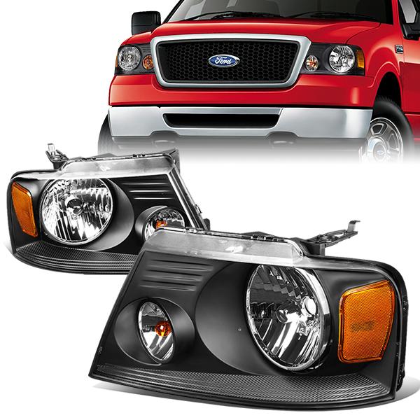 04-08 Ford F-150 Lincoln Mark LT Headlights - Black Housing - Amber Corner - Plug-n-Play - Pair