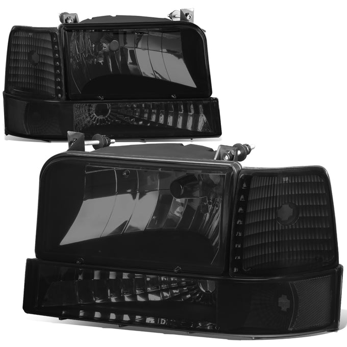 92-96 Ford F-150 F-250 F-350 Bronco Headlights - Smoked Lens - Clear Corner - Plug-n-Play - Pair