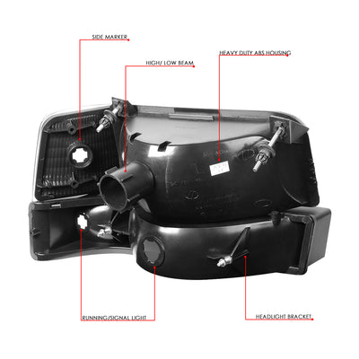 D-Motoring - 92-96 Ford F-150 F-250 F-350 Bronco Headlights - Smoked Lens - Clear Corner - Plug-n-Play - Pair - 6