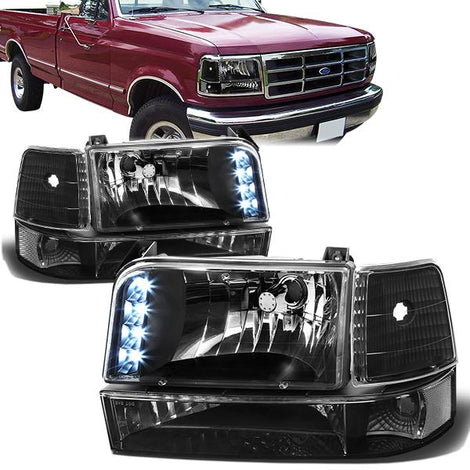 92-96 Ford F-150 250 350 Bronco Headlights - LED DRL - Black Housing - Plug-n-Play - Pair
