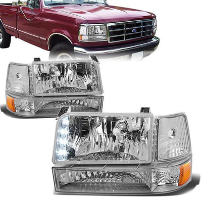 92-96 Ford F-150 F250 F350 Bronco Headlights - LED DRL - Chrome Housing - Amber Corner - Plug-n-Play - Pair