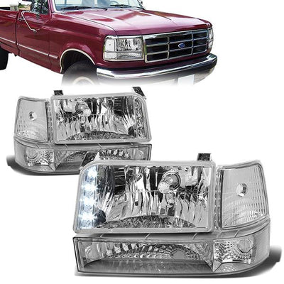 92-96 Ford F-150 250 350 Bronco Headlights - LED DRL - Chrome Housing - Plug-n-Play - Pair