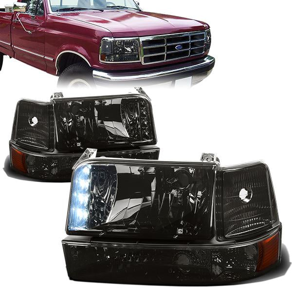 92-96 Ford F-150 F250 F350 Bronco Headlights - LED DRL - Smoked Housing - Amber Corner - Plug-n-Play - Pair