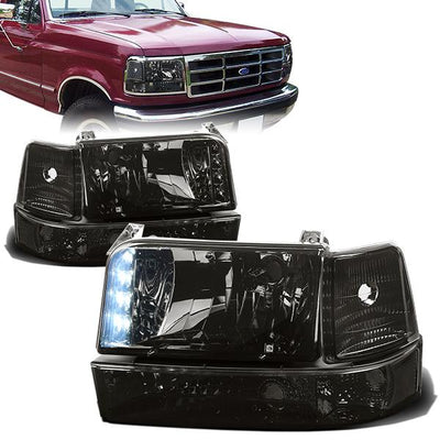 92-96 Ford F-150 F250 F350 Bronco Headlights - LED DRL - Smoked Housing - Plug-n-Play - Pair