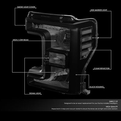 17-19 Ford F250 Super Duty Headlights - Tinted Housing - OE Style - Smoked Lens - Pair - HL-OH-F25018-BK-SM-CL1 - 2