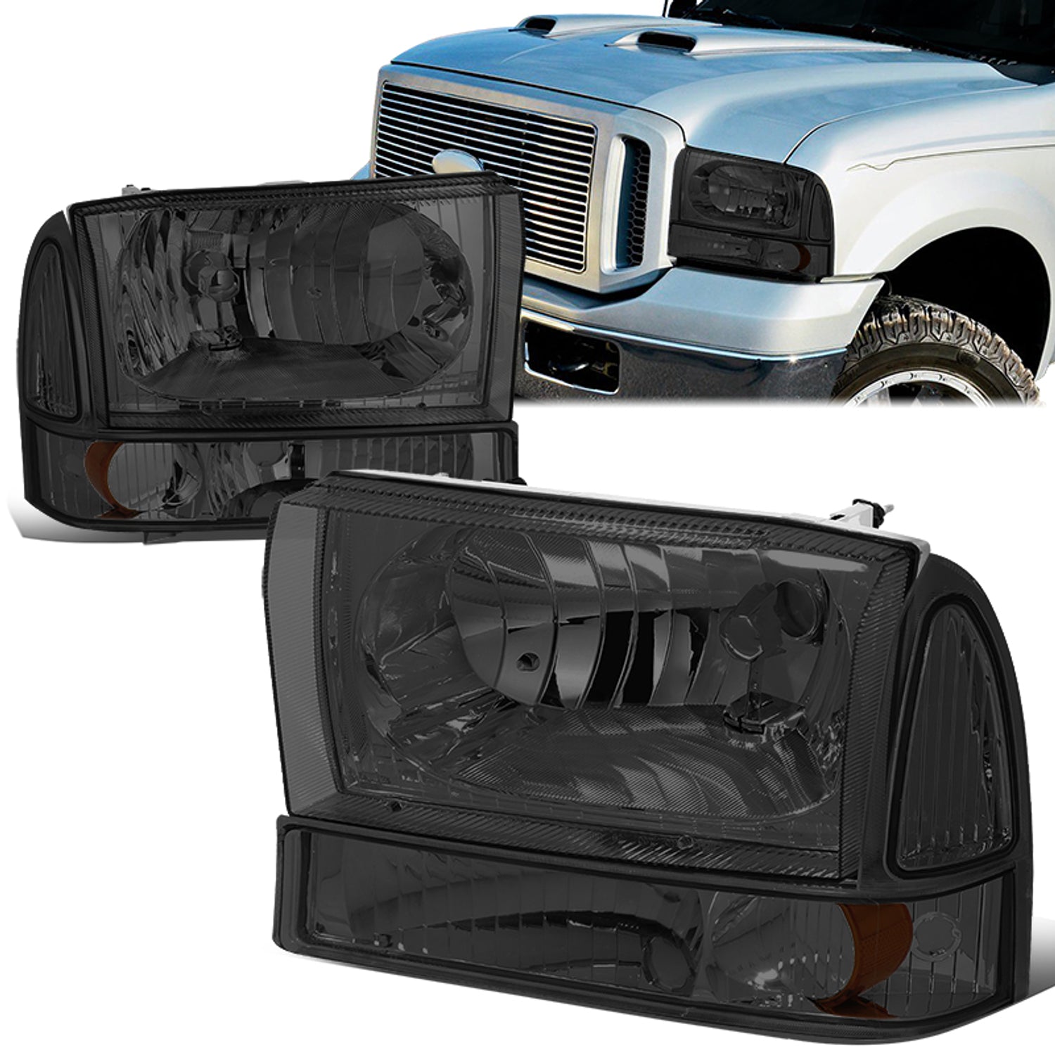 99-04-ford-f250-f350-f450-f550-super-duty-excursion-headlights-smoked-amber-hl-oh-f99sd4p-sm-am - 1