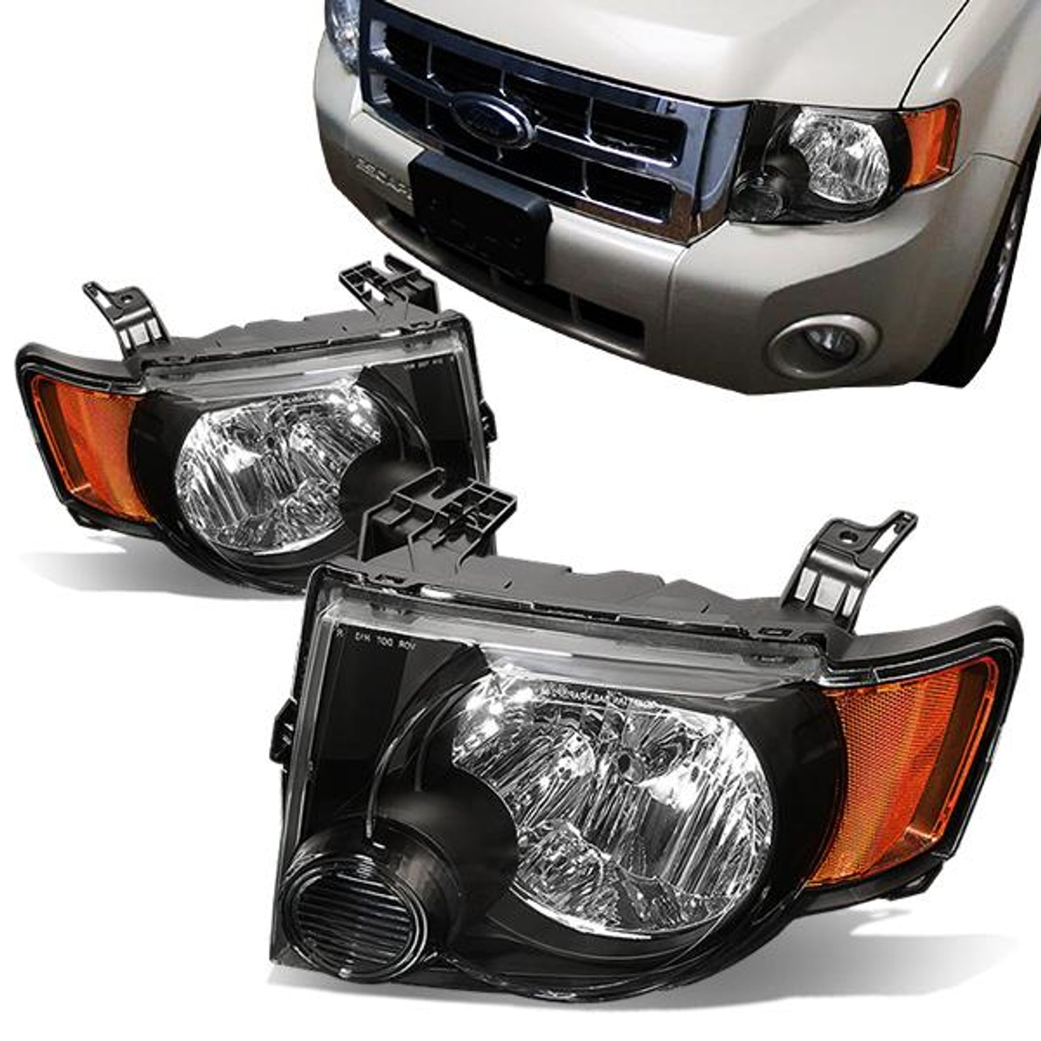 08-12 Ford Escape Headlights - Black Housing - Amber Corner - Plug-n-Play - Pair
