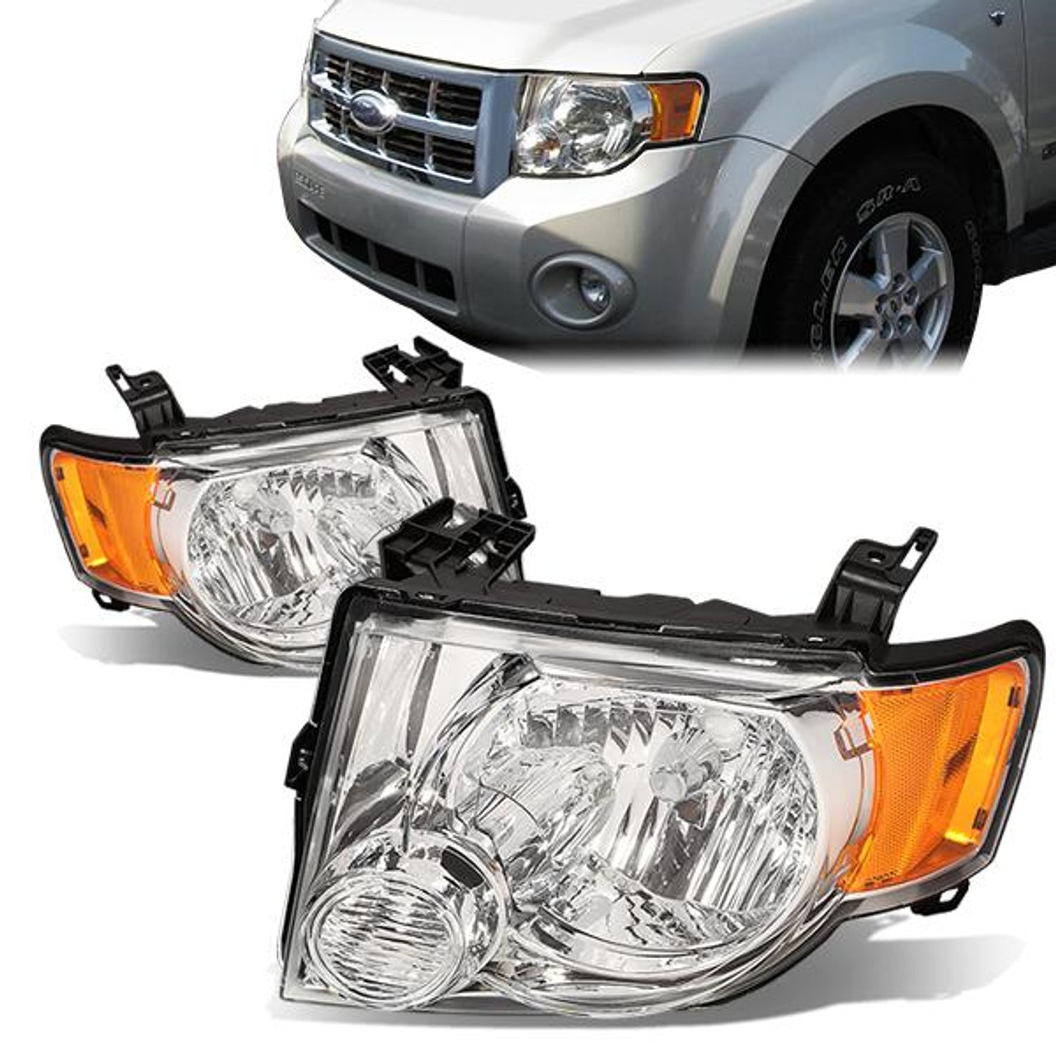 08-12 Ford Escape Headlights - Chrome Housing - Amber Corner - Plug-n-Play - Pair