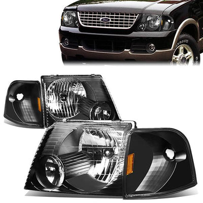 02-05 Ford Explorer Headlights - Black Housing - Amber Corner - Plug-n-Play - Pair