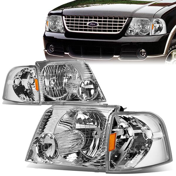 02-05 Ford Explorer Headlights - Chrome Housing - Amber Corner - Plug-n-Play - Pair
