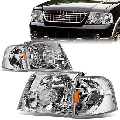 02-05 Ford Explorer Headlights - Chrome Housing - Amber Corner - Plug-n-Play - Pair