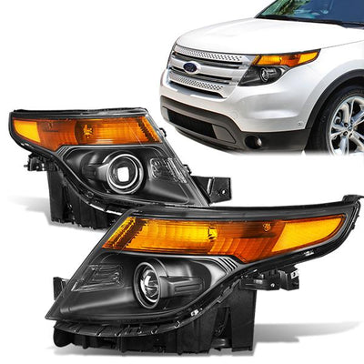 11-15 Ford explorer Headlights - Black Housing - Amber Corner - Projector - Plug-n-Play - Pair