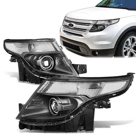 11-15 Ford Explorer Headlights - Black Housing - Clear Corner - Projector - Plug-n-Play - Pair