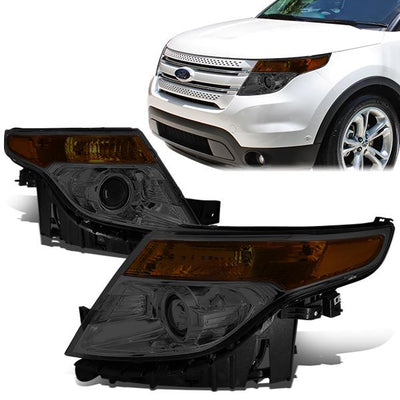 11-15 Ford explorer Headlights - Smoked Housing - Smoked Lens - Amber Corner - Projector - Plug-n-Play - Pair