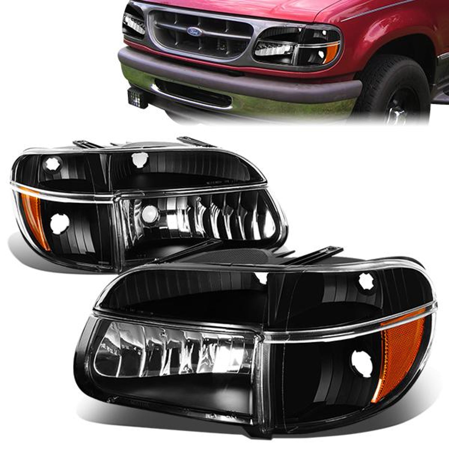 95-01 Ford Explorer Mercury Mountaineer Headlights - Black Housing - Amber Corner - Plug-n-Play - Pair