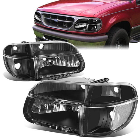 95-01 Ford Explorer Mercury Mountaineer Headlights - Black Housing - Plug-n-Play - Pair