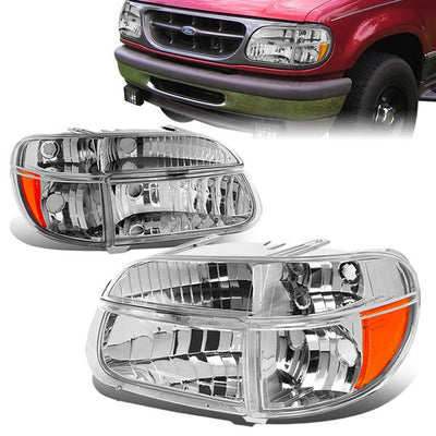 95-01 Ford Explorer Mercury Mountaineer Headlights - Chrome Housing - Amber Corner - Plug-n-Play - Pair