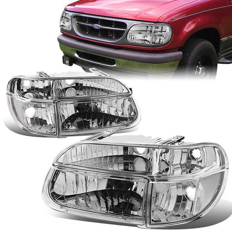 95-01 Ford Explorer Mercury Mountaineer Headlights - Chrome Housing - Plug-n-Play - Pair