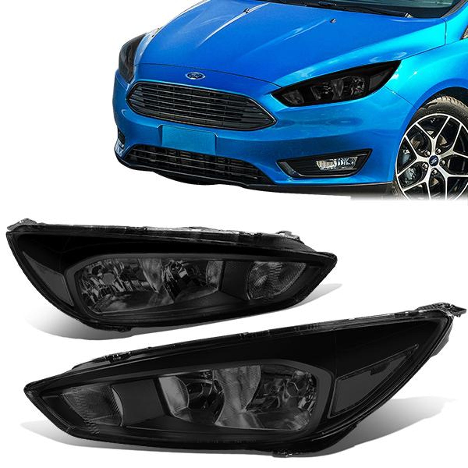 15-18 Ford Focus Headlights - Black Housing - Smoked Lens - Clear Corner - Plug-n-Play - Pair
