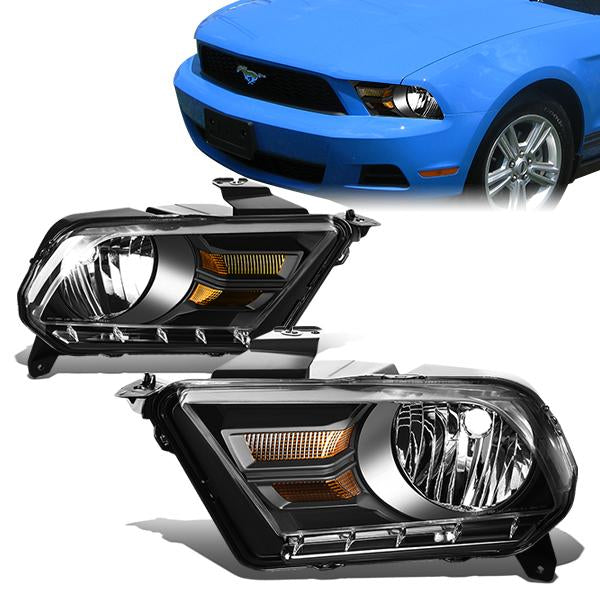 10-14 Ford Mustang Headlights - Black Housing - Amber Corner - Plug-n-Play - Pair