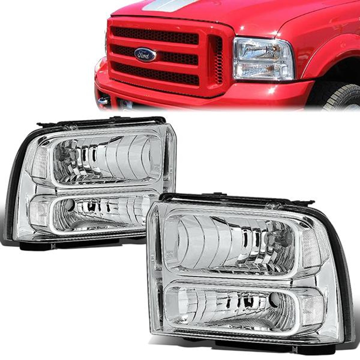 05-07 Ford F-250 350 450 550 Super Duty Headlights - Chrome Housing - Plug-n-Play - Pair