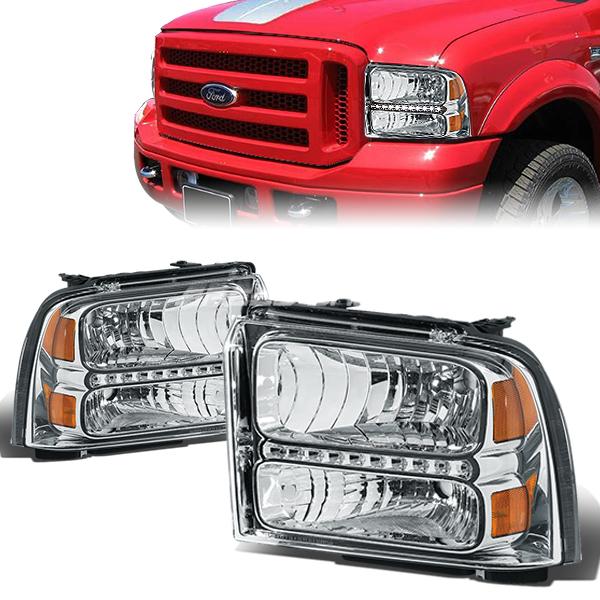 05-07 Ford F-250 350 450 550 Super Duty Headlights - LED DRL - Chrome Housing - Amber Corner - Plug-n-Play - Pair