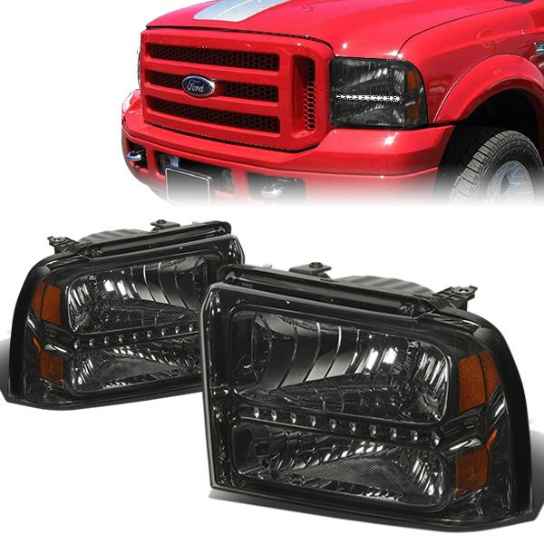 05-07 Ford F-250 350 450 550 Super Duty Headlights - LED DRL - Smoked Housing - Amber Corner - Plug-n-Play - Pair