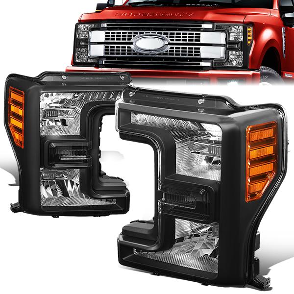 17-19 F250 F350 Super Duty Headlights - Black/Amber - Pair - HL-OH-FSD17-BK-AM - 1