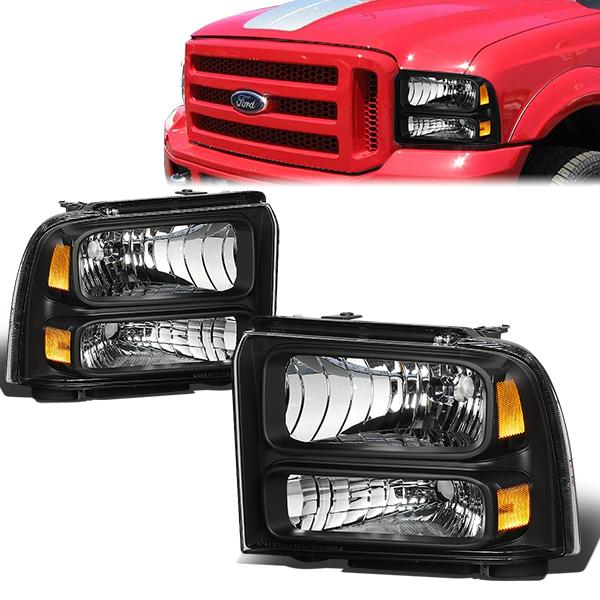 05-07 Ford F-250 350 450 550 Super Duty Headlights - Black Housing - Amber Corner - Plug-n-Play - Pair