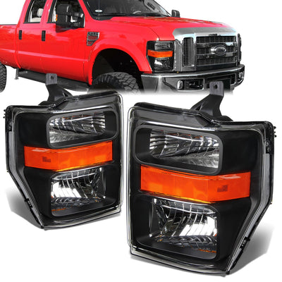 08-10 Ford F-250 350 450 550 Super Duty Headlights - Black Housing - Amber Corner - Plug-n-Play - Pair
