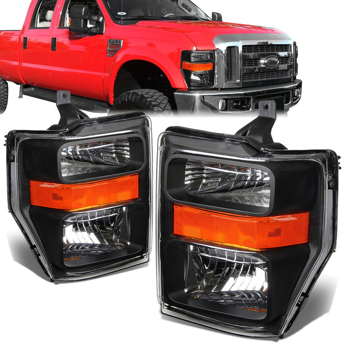08-10 Ford F-250 350 450 550 Super Duty Headlights - Black Housing - Amber Corner - Plug-n-Play - Pair