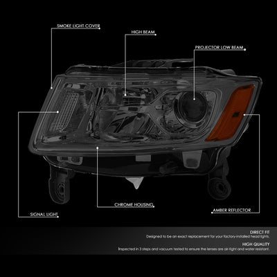 D-Motoring - 14-16 Jeep Grand Cherokee Pre Facelift Headlights - Smoked Housing - Smoked Lens - Amber Corner - Plug-n-Play - Pair - 2