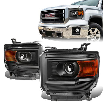 14-17 GMC Sierra 1500 2500HD 3500HD Headlights - Black Housing - Amber Corner - Projector - Plug-n-Play - Pair