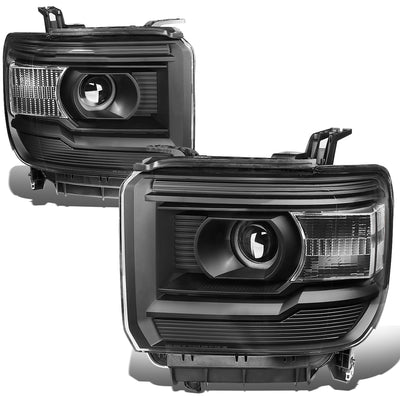 14-17 GMC Sierra 1500 2500HD 3500HD Headlights - Black Housing - Clear Corner - Projector - Plug-n-Play - Pair