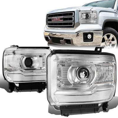 14-17 GMC Sierra 1500 2500 3500 Headlights - Chrome Housing - Clear Lens - Clear Corner - Projector - Plug-n-Play - Pair