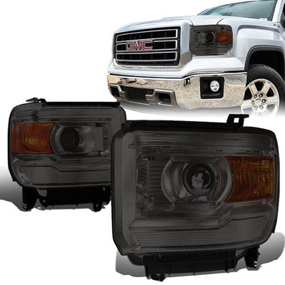 14-17 GMC Sierra 1500 2500 3500 Headlights - Smoked Housing - Smoked Lens - Amber Corner - Projector - Plug-n-Play - Pair