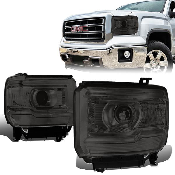 14-17 GMC Sierra 1500 2500 3500 Headlights - Smoked Housing - Smoked Lens - Clear Corner - Projector - Plug-n-Play - Pair