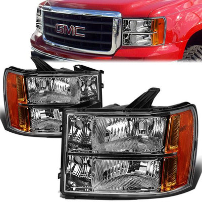07-14 GMC Sierra 1500 2500 3500 Headlights - Chrome Housing - Amber Corner - Plug-n-Play - Pair